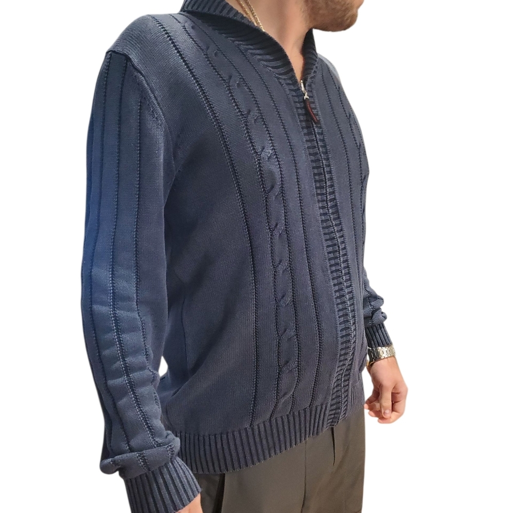 Tommy Bahama Cotton Distressed Denim Tone Cable knit Cardigan Zip Up Sweater